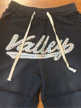 Black Embellished 'Hello' Sweatpants with Cream Drawstring
